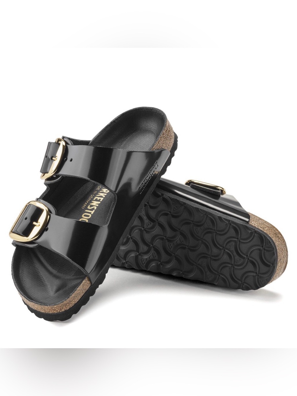 Birkenstock Arizona Patent Leather Sandals in Black with Gold Buckles